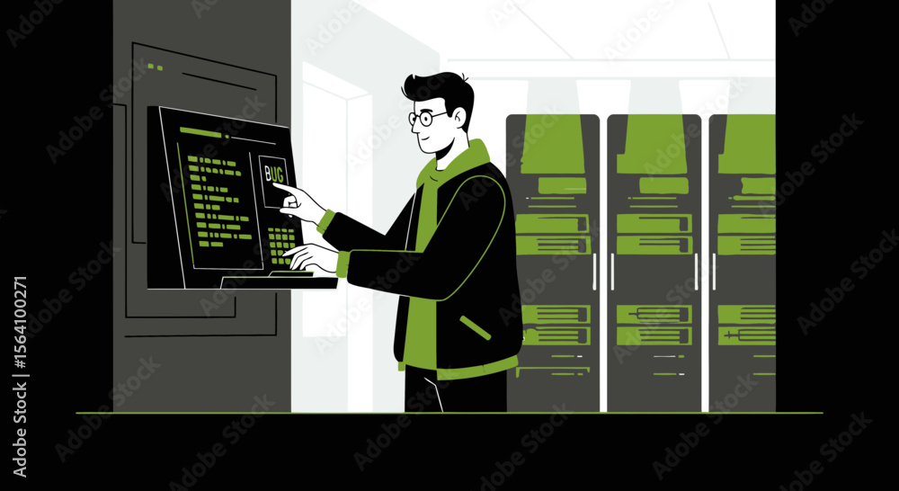 Poster system administrator working in server room to maintain data center