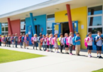 Obraz premium Elementary Students Entering Campus. Children with backpacks line up outside a vibrant, modern educational building, signifying daily routines and the promise of a new learning day.