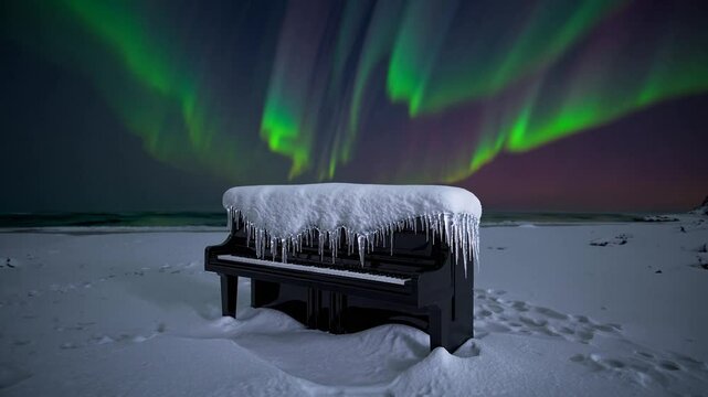 Piano enneig&eacute; sous une aurore bor&eacute;ale