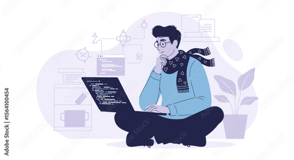 Poster thoughtful programmer developing software with laptop in cozy home environment