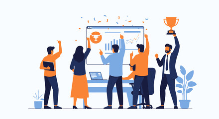 Fototapeta premium Team Celebration Of Business Success With Trophy And Positive Growth Charts