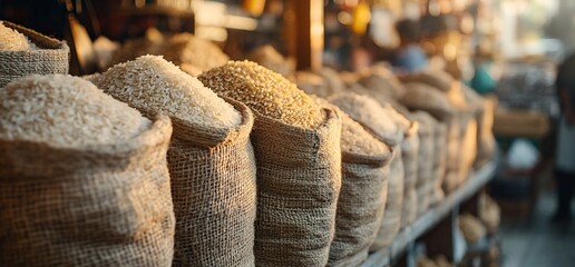 Golden Hour Grain: Burlap Sacks Overflowing with Rice and Corn at a bustling Market