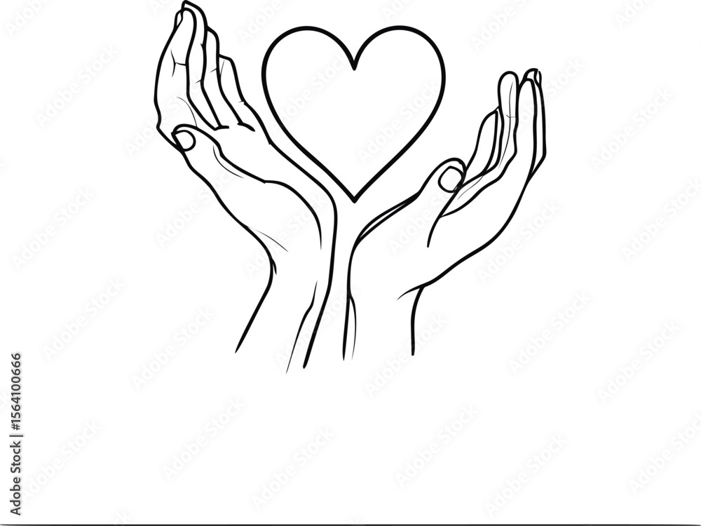 Poster two hands with open palms holding a heart in minimalist line art. vector illustration in sketch styl