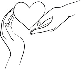 Hands reaching for a heart symbol in black and white line drawing. Vector illustration in sketch style