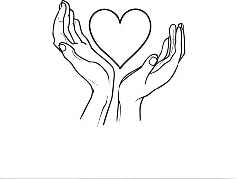 Two hands with open palms holding a heart in minimalist line art. Vector illustration in sketch style