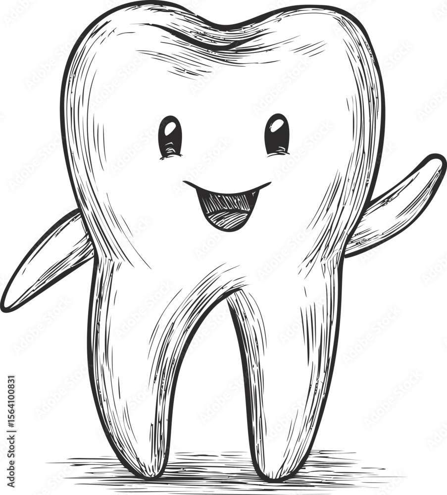 Poster smiling cartoon tooth character sketch with arms and happy expression. vector illustration