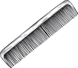 Black and white illustration of a classic comb with fine teeth, detailed lines. Vector illustration in sketch style