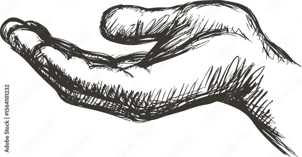 Poster sketch of an open human hand with detailed shading and crosshatch patterns. vector illustration
