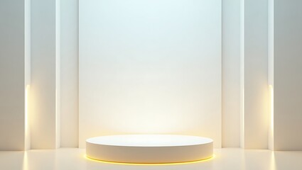 Modern white podium with soft golden uplighting in minimalist architectural setting
