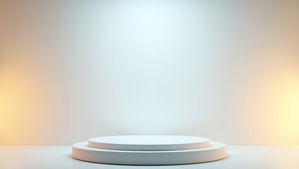 Minimalist white two tiered podium with soft warm lighting background