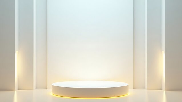 Modern white podium with soft golden uplighting in minimalist architectural setting