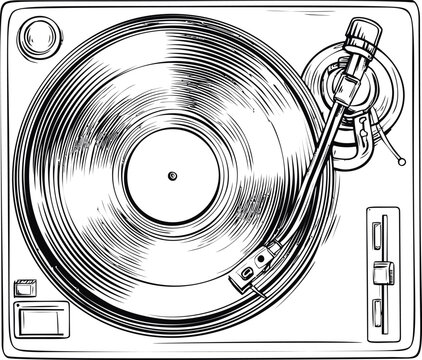 Line art drawing of a vintage turntable playing a vinyl record, retro music design. Vector illustration in sketch style