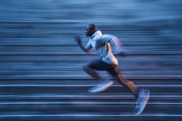 A dark-skinned man in a light grey hoodie and dark shorts sprints past a blurred urban backdrop at night, his motion captured in a dynamic, streaked image