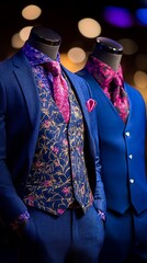 Mannequins display vibrant blue suits with patterned vests, shirts, and ties in an indoor retail setting.