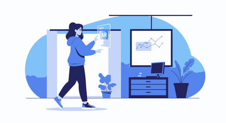 Woman Using Augmented Reality In Modern Office For Business Solutions