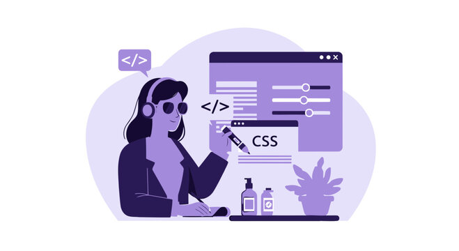Woman Programmer Design Style with Computer Display Coding Style Trendy Look