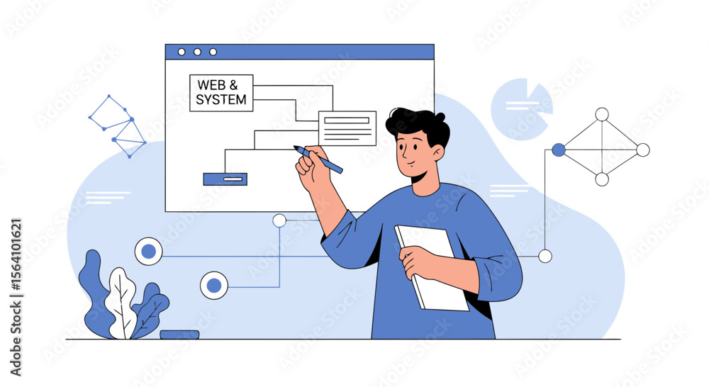 Poster young man developing web system strategy on presentation screen concept
