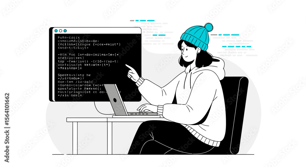 Poster young female coder developing software at home with a modern workspace setup