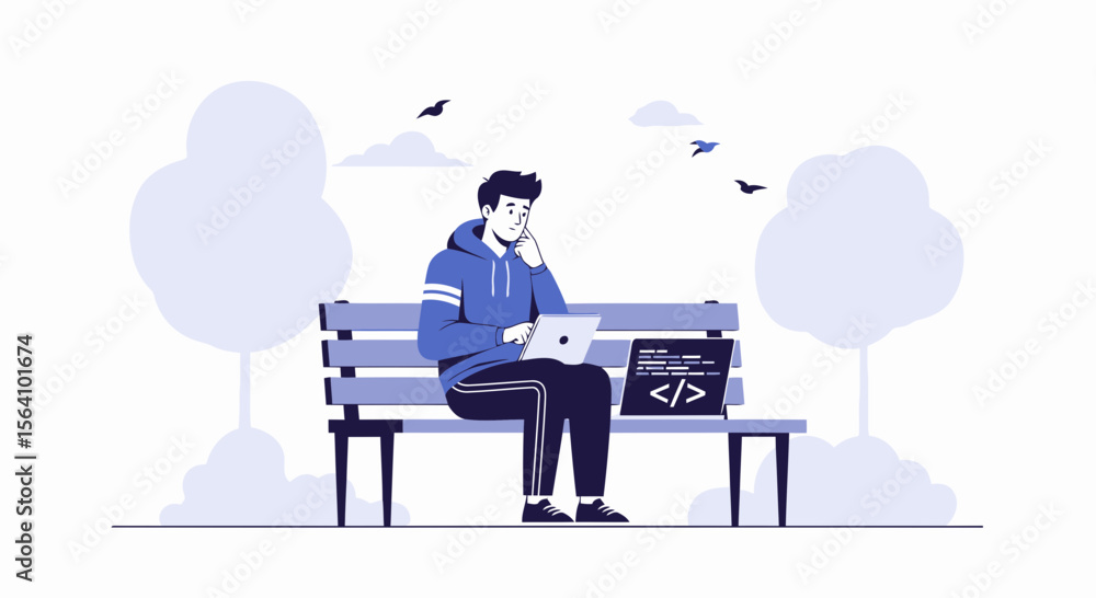 Poster young man thinking of coding solution while sitting on park bench relaxing