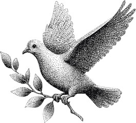 Pointillism of a dove carrying an olive branch in monochrome. Vector illustration
