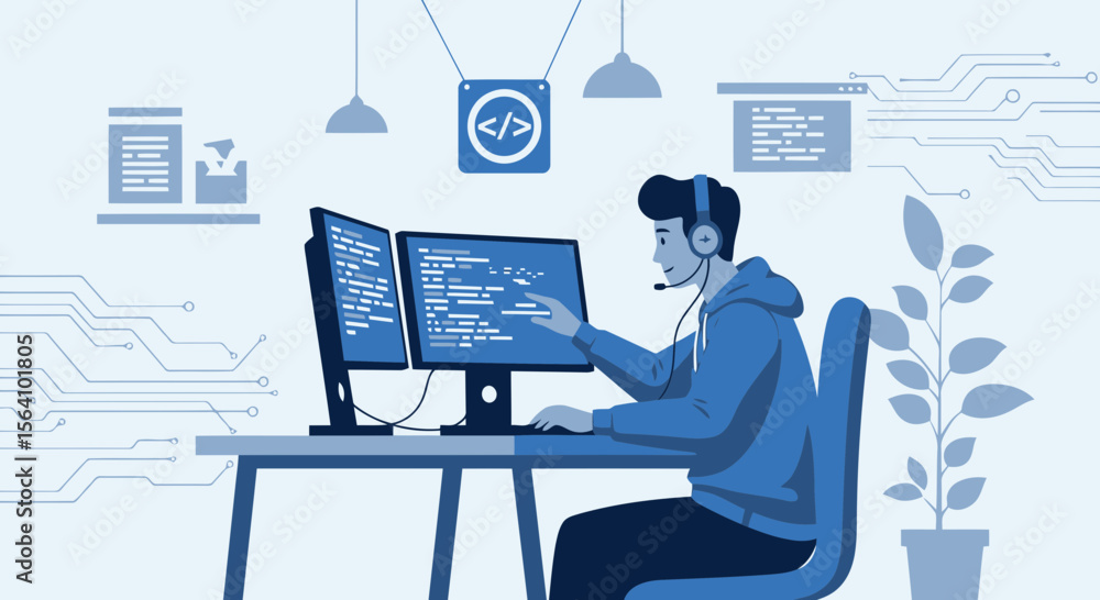 Poster young programmer working on computer with headphones in modern workspace