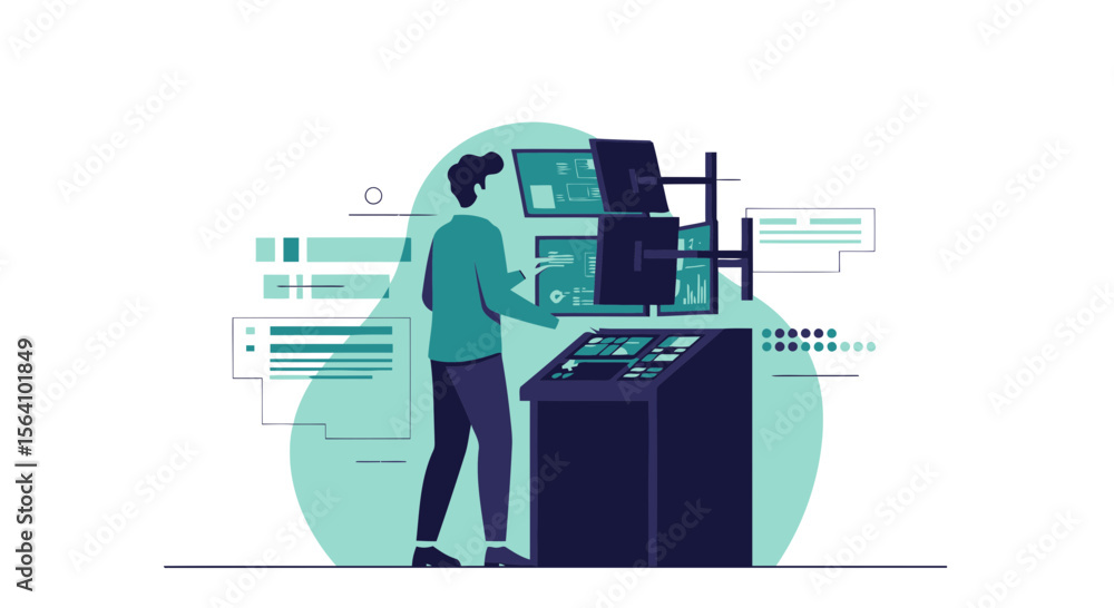 Aufkleber abstract illustration of a technician analyzing data on multiple computer screens