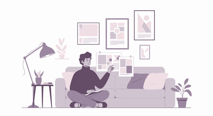 Young Man Designs Website Layouts At Home Creating Visual Compositions On The Sofa