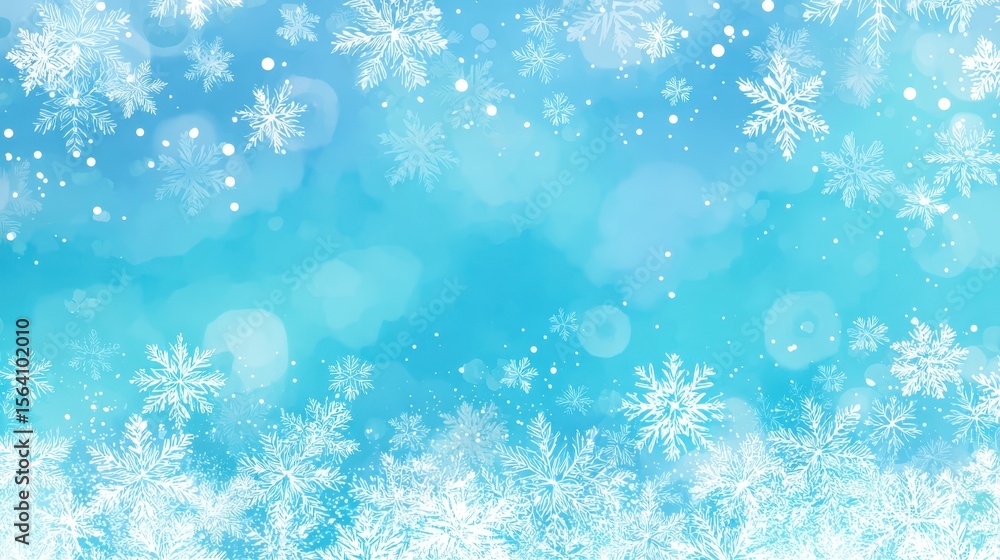 Poster delicate snowflakes cascading across soft blue background, creating intricate winter patterns with g