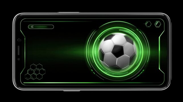 Sleek smartphone screen showcasing glowing green circles surrounding soccer ball, representing digital sports interface with technological visual design against dark geometric backdrop