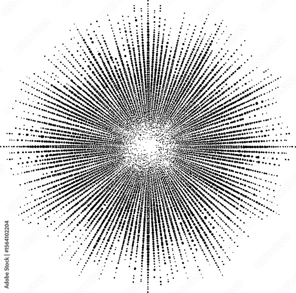 Poster dotted radial burst pattern creating an abstract sunburst effect. vector illustration in sketch styl