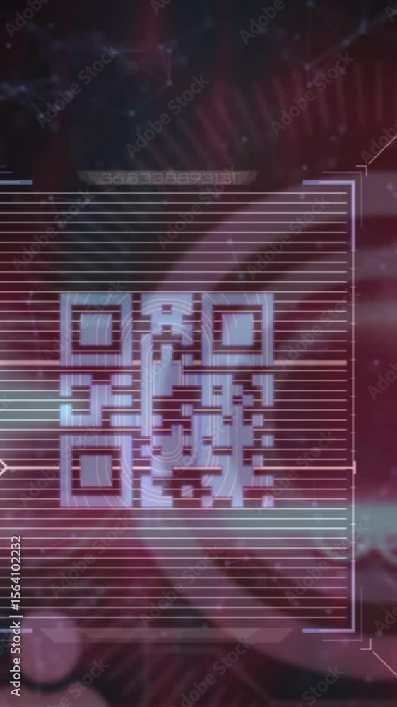 Poster animation of qr code over network of connections and icons on black background
