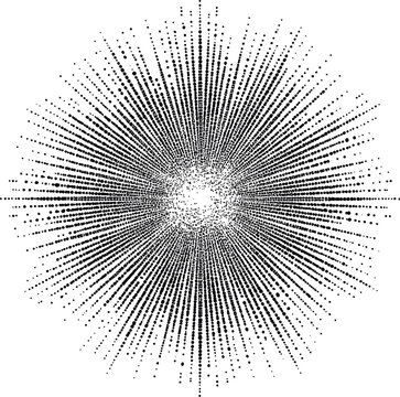 Dotted radial burst pattern creating an abstract sunburst effect. Vector illustration in sketch style