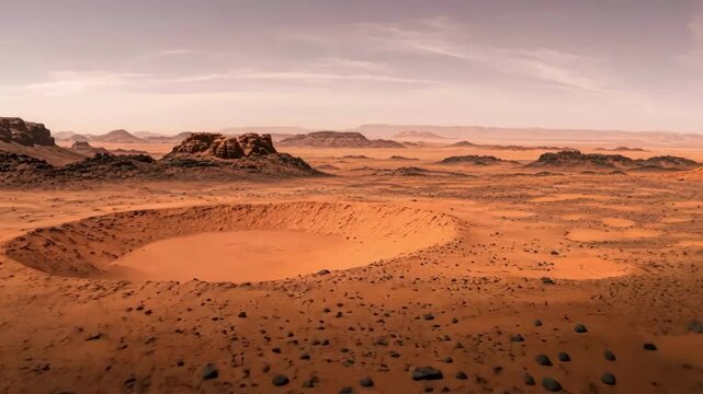Panoramic of the Martian landscape with craters, rocks, and planet Mars surface.