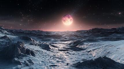 Alien Planet Landscape: Majestic Pink Moon and Starry Night Sky
