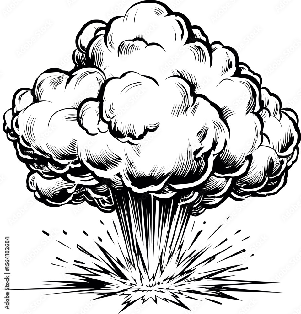 Poster black and white cartoon explosion with a large cloud and dynamic lines. vector illustration in sketc