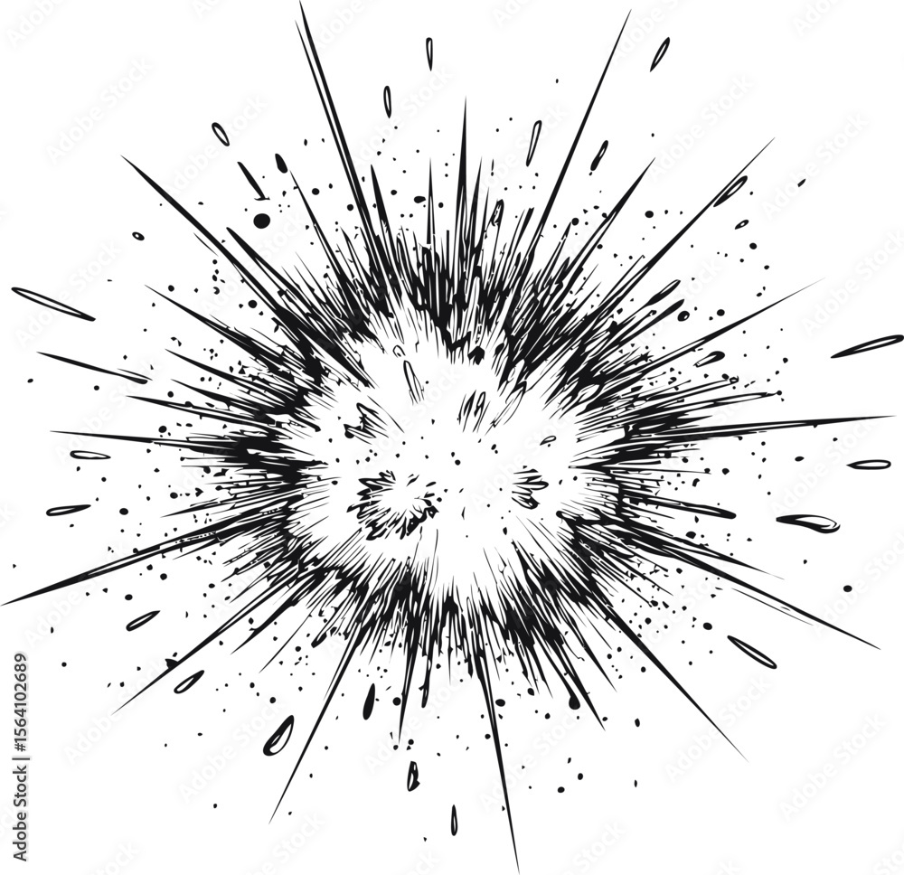 Poster black and white comic-style explosion with dynamic lines and splatters. vector illustration in sketc