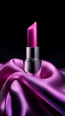 Pink lipstick rests on a folded piece of shiny purple silk against a dark background.
