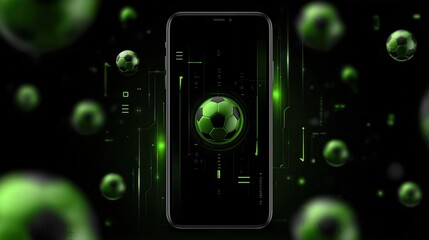 Digital soccer interface displaying central green black ball, surrounded by floating spheres and luminous green lines, rendering high tech gaming visualization on smartphone screen