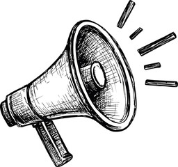 Scribbled drawing of a megaphone with sound lines, artistic black and white sketch. Vector illustration