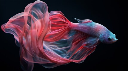 Colorful betta fish swimming gracefully through flowing silk-like fabric in a dark setting