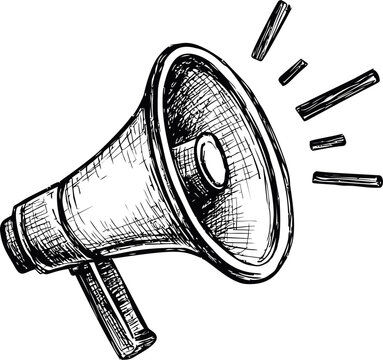 Scribbled drawing of a megaphone with sound lines, artistic black and white sketch. Vector illustration