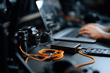 A dimly lit workspace shows a camera, laptop, audio interface, and cables, suggesting video or photo editing in progress