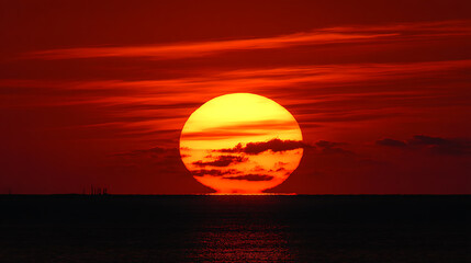 Large sun setting over the ocean horizon with red-orange sky and clouds