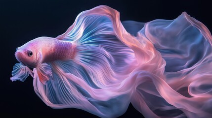 Colorful betta fish swimming gracefully through flowing fabric in a serene underwater environment