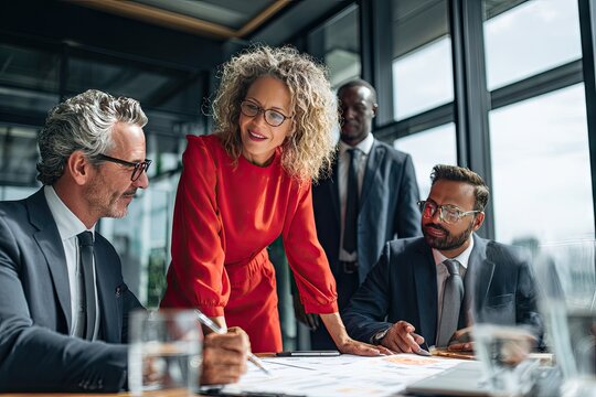 A diverse business team collaborates around a table, reviewing documents; a woman in red leads the discussion in a modern office setting