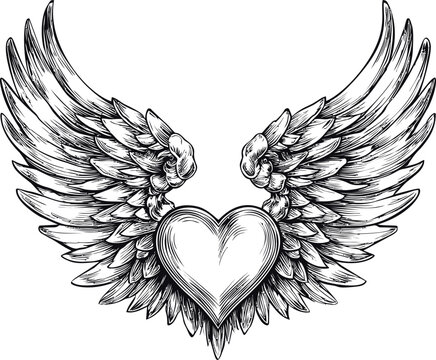 Intricate black and white heart with angel wings design, tattoo. Vector illustration in sketch style