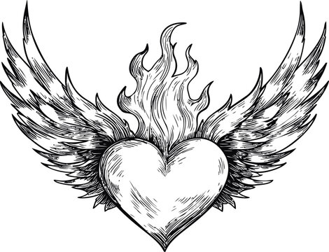 Flaming heart with wings sketched in black and white. Vector illustration