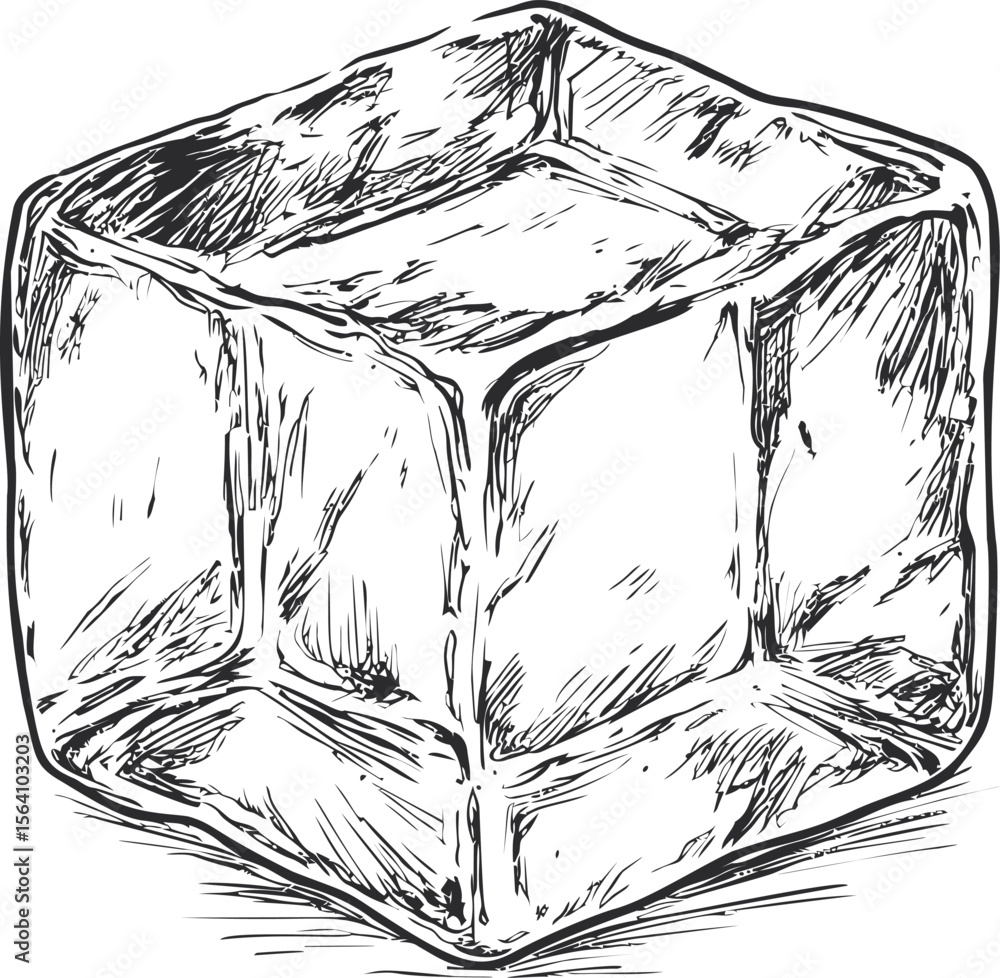 Poster hand-drawn sketch of a detailed ice cube with intricate lines in black and white. vector illustratio