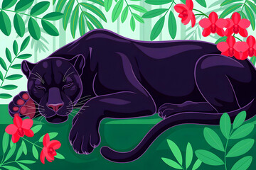 A panther dozing amid verdant foliage and plants.