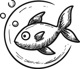 Naklejka premium Hand-drawn black and white fish in a bubble with sketchy details. Vector illustration